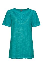 Türkisfarbenes Damen-T-Shirt mit kurzen Ärmeln, Rundhalsausschnitt, dekorativem Muster um den Ausschnitt, gerade geschnittener Saum, lockere Passform