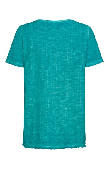 T-Shirt in türkis mit kurzem Arm, Rundhalsausschnitt, gerade geschnitten, hinten ohne Muster oder Druck, leichte Struktur im Stoff sichtbar