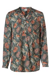 Damenbluse in dunklem Tannengrün, Blumenmuster in Orange und Beige, Stehkragen mit Schluppe, lange Ärmel mit Manschetten, lockere Passform