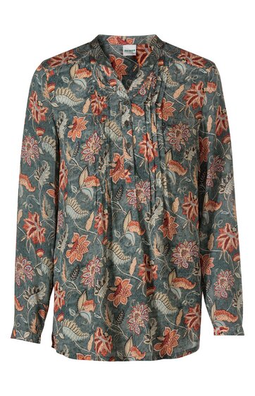Damenbluse in dunklem Tannengrün, Blumenmuster in Orange und Beige, Stehkragen mit Schluppe, lange Ärmel mit Manschetten, lockere Passform