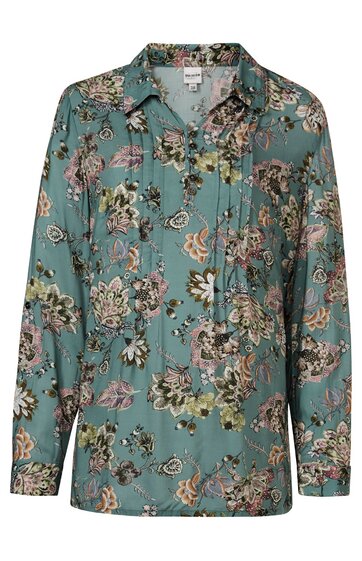 Bluse in petrol mit mehrfarbigem floralen Muster, Hemdblusenkragen, Knopfleiste vorn, lange Ärmel mit Manschetten, lockere Passform