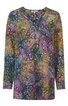 Langärmlige Bluse mit mehrfarbigem abstraktem Blattmuster in Grün-, Lila- und Gelbtönen, V-Ausschnitt mit Knopfleiste, gerader Schnitt