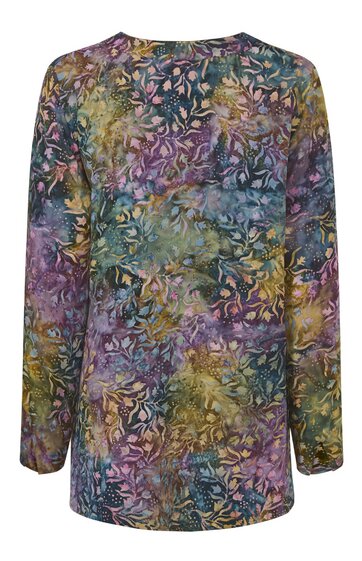 Langärmliges Oberteil in grün, lila und gelb mit abstraktem Muster, gerade geschnitten, Rundhalsausschnitt, keine sichtbaren Verschlüsse