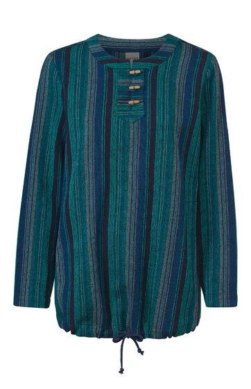 Langes Damenoberteil in dunkelgrün mit senkrechten Streifen in Blau- und Grautönen, Rundhalsausschnitt mit kurzer Knopfleiste und drei Holzknöpfen, lange Ärmel, Tunnelzug mit Kordel am Saum