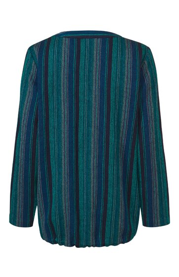 Langärmliges Oberteil in Petrol und Dunkelgrün mit senkrechten, mehrfarbigen Streifen, rundem Halsausschnitt, lockere Form, elastischer Saumabschluss