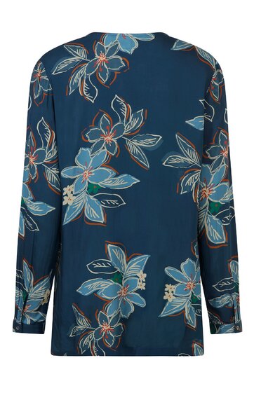 Langärmlige Bluse in dunklem Petrolblau mit großflächigem floralem Muster in Hellblau und Beige, Rundhalsausschnitt, gerade geschnitten, Rückansicht