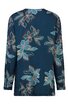 Langärmlige Bluse in dunklem Petrolblau mit großflächigem floralem Muster in Hellblau und Beige, Rundhalsausschnitt, gerade geschnitten, Rückansicht