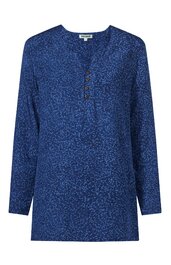 Dunkelblaues Langarmshirt mit feinem Muster, Rundhalsausschnitt, Knopfleiste mit vier Knöpfen, gerade geschnitten