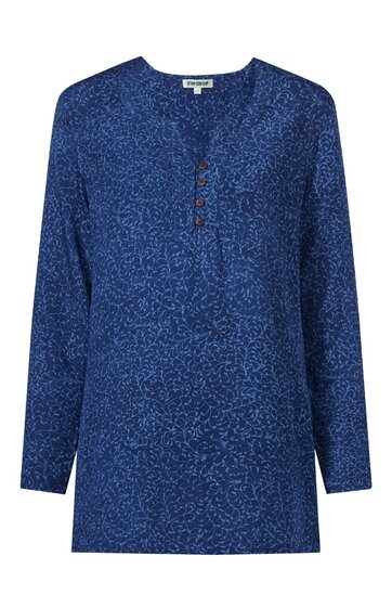 Dunkelblaues Langarmshirt mit feinem Muster, Rundhalsausschnitt, Knopfleiste mit vier Knöpfen, gerade geschnitten