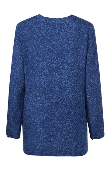 Langärmeliges Oberteil in Dunkelblau mit hellem abstraktem Muster, rundem Ausschnitt, gerade geschnittener Saum, locker geschnitten