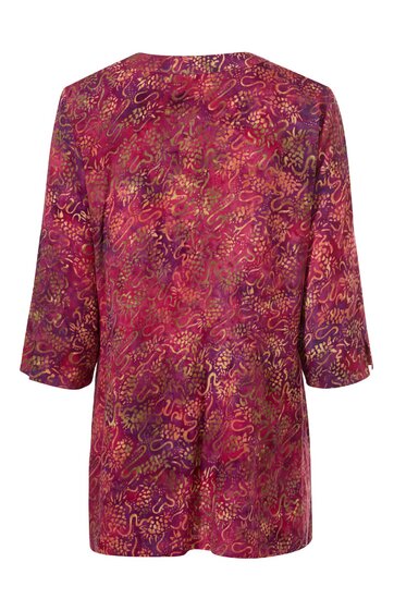Langes Damenoberteil in dunkelrot mit buntem abstraktem Muster, langärmlig, runder Ausschnitt, gerade geschnitten