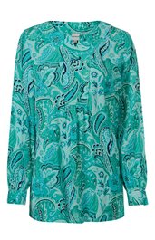 Langärmlige Bluse in türkis mit Paisley-Muster in Blau und Weiß, Rundhalsausschnitt, gerade geschnitten, geknöpfte Manschetten