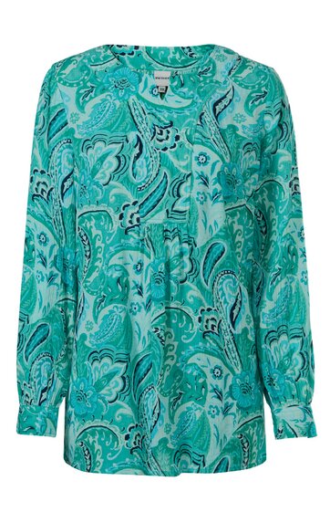 Langärmlige Bluse in türkis mit Paisley-Muster in Blau und Weiß, Rundhalsausschnitt, gerade geschnitten, geknöpfte Manschetten