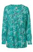 Langärmlige Bluse in türkis mit Paisley-Muster in Blau und Weiß, Rundhalsausschnitt, gerade geschnitten, geknöpfte Manschetten