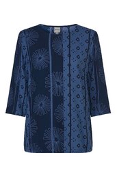 Dunkelblaue Bluse mit floralem Muster und geometrischem Design, Rundhalsausschnitt, lange Ärmel, gerade geschnitten