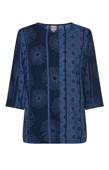 Dunkelblaue Bluse mit floralem Muster und geometrischem Design, Rundhalsausschnitt, lange Ärmel, gerade geschnitten