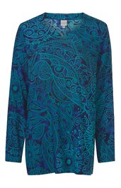 Langärmliges Kleidungsstück in türkisblau mit dunklem Paisley- und Blättermuster, Rundhalsausschnitt, gerade geschnitten