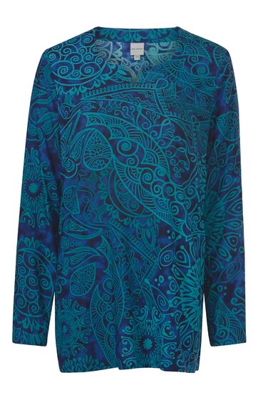 Langärmliges Kleidungsstück in türkisblau mit dunklem Paisley- und Blättermuster, Rundhalsausschnitt, gerade geschnitten