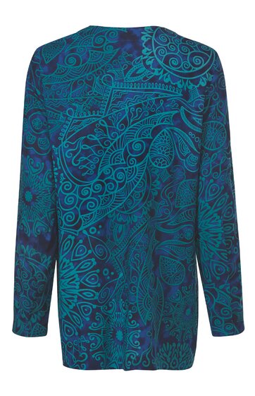 Langärmliges Oberteil in petrolblau mit dunkelblauem Paisley-Muster, Rundhalsausschnitt, gerade geschnitten, ohne sichtbare Verschlüsse
