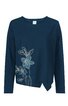 Dunkelblauer Pullover mit rundem Ausschnitt, lange Ärmel, asymmetrischer Saum vorne, linke Seite mit floralem weißen Stickmuster