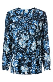 Langärmlige Bluse in Schwarz mit blau-weißem floralem Muster, Rundhalsausschnitt mit Knopfleiste, legere Passform