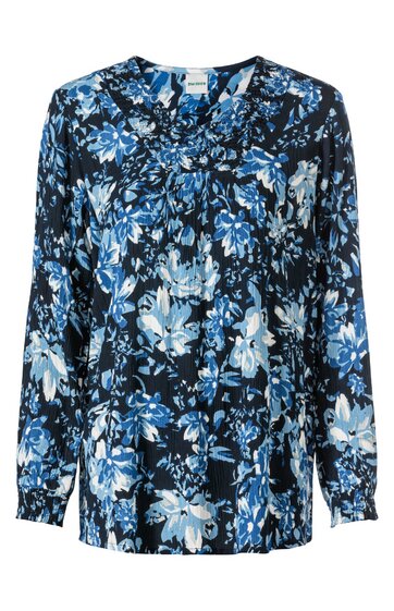 Langärmlige Bluse in Schwarz mit blau-weißem floralem Muster, Rundhalsausschnitt mit Knopfleiste, legere Passform