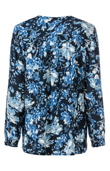 Damenbluse dunkelblau mit hellblauem und weißem Blumenmuster, langärmlig, Rundhalsausschnitt, lockere Passform