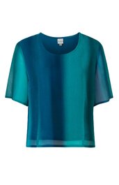 Tealblaues Damenoberteil, kurzärmelig, rundhals, gerade geschnitten, transparentes Design, ohne Muster