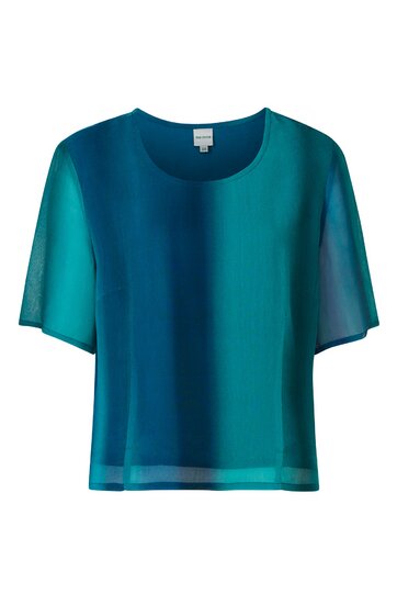 Tealblaues Damenoberteil, kurzärmelig, rundhals, gerade geschnitten, transparentes Design, ohne Muster