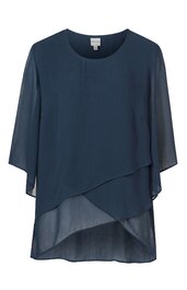 Dunkelblaues Damenoberteil, locker geschnitten, asymmetrischer Lagenlook, dreiviertelärmel, Rundhalsausschnitt