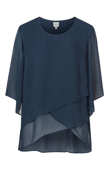 Dunkelblaues Damenoberteil, locker geschnitten, asymmetrischer Lagenlook, dreiviertelärmel, Rundhalsausschnitt