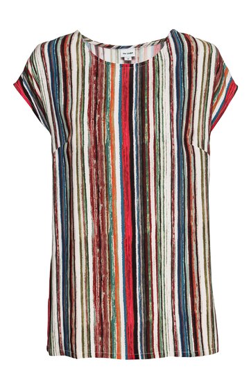 Gestreiftes Shirt in Braun, Beige, Rot, Blau, Weiß und Schwarz, rundhals, kurze Ärmel, lockere Passform