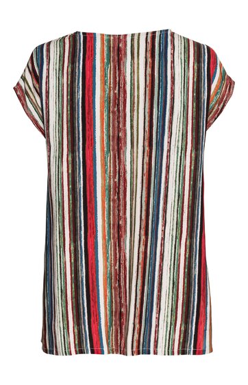 Kurzärmliges Damenoberteil in Beige mit senkrechten bunten Streifen in Rot, Blau, Schwarz und Braun, Rundhalsausschnitt, lockere Passform