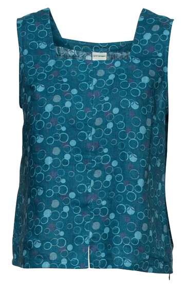 Ärmelloses, tailliertes Top in petrolblau mit rundem geometrischem Muster in Hellblau und Grau, quadratischer Ausschnitt, eingelegte Falten vorne, Reißverschluss an der Seite