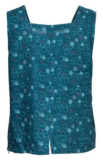 Ärmellose Bluse in Petrol mit Kreismuster in verschiedenen Blau- und Grüntönen, quadratischer Ausschnitt, seitliche Reißverschlüsse, lockere Passform, vorn mittiger Schlitz