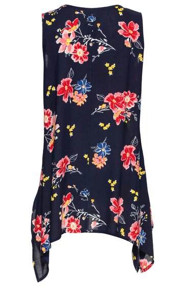 Ärmelloses, dunkelblaues Damenoberteil mit floralem Muster in Rot, Pink, Blau und Gelb, asymmetrischer Saum, rundhals, lockere Passform
