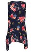 Ärmelloses, dunkelblaues Damenoberteil mit floralem Muster in Rot, Pink, Blau und Gelb, asymmetrischer Saum, rundhals, lockere Passform