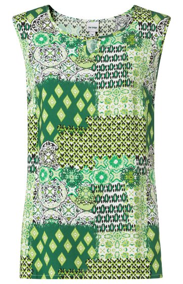 Ärmelloses, längliches Oberteil in Grün- und Cremetönen, gemustert mit Rauten, floralen und geometrischen Formen, Rundhalsausschnitt, lockere Passform