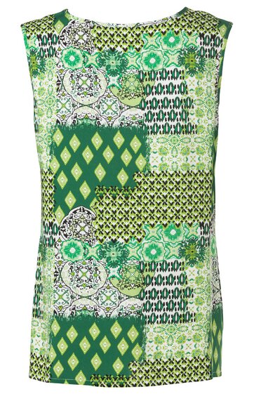 Ärmelloses Oberteil in Grüntönen, Patchworkmuster mit Rauten, Kreisen und floralen Motiven, Rundhalsausschnitt, gerade geschnitten