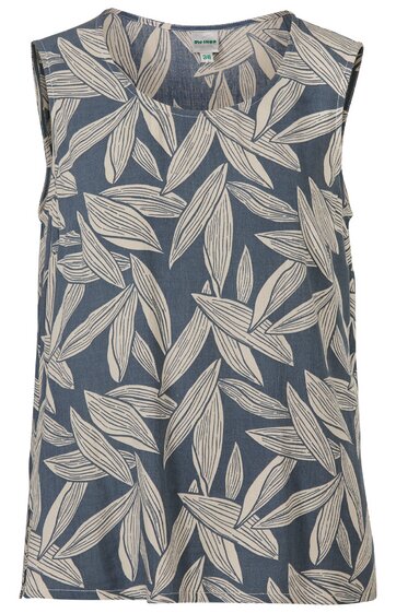 Ärmelloses Oberteil in staubblau mit cremeweißen, großen Blattmotiven, Rundhalsausschnitt, gerade geschnitten