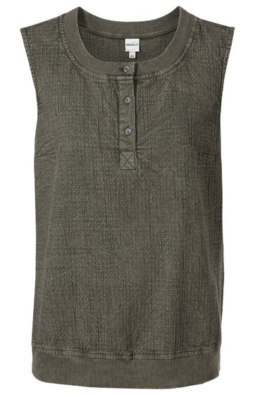 Ärmelloses Oberteil in olivgrün, strukturierter Stoff, Rundhalsausschnitt, kurze Knopfleiste mit drei Knöpfen, gerade geschnitten