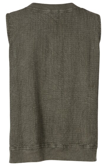 Ärmelloses Herrenoberteil in dunkelolivgrün, geripptes Strickmuster, rundhalsausschnitt, gerade geschnitten, gerader Saum
