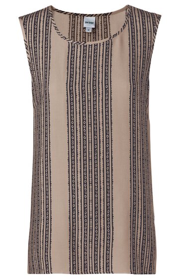 Ärmelloses Kleid in Beige mit schwarzbraunen vertikalen Streifen und feinem Muster, rundem Halsausschnitt, gerade geschnitten