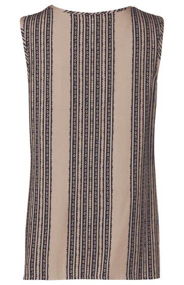 Ärmelloses Kleid in beige mit schwarzen und dunkelblauen vertikalen Streifen und kleinen geometrischen Mustern, rundhals, gerade Form