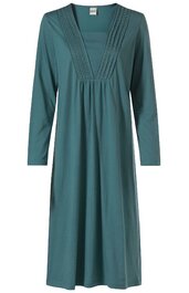 Dunkeltürkises, knielanges Kleid mit langen Ärmeln, geradem Schnitt, dekorativen Längssteppungen am V-Ausschnitt, abgesetztem Einsatz unterhalb des Ausschnitts