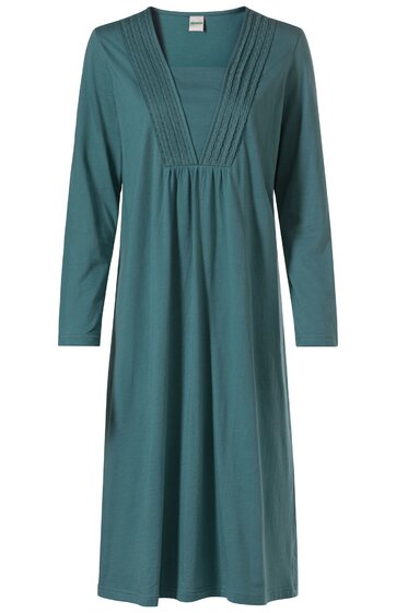 Dunkeltürkises, knielanges Kleid mit langen Ärmeln, geradem Schnitt, dekorativen Längssteppungen am V-Ausschnitt, abgesetztem Einsatz unterhalb des Ausschnitts