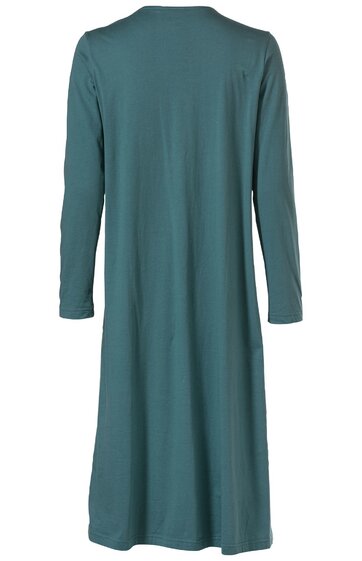 Langärmliges Kleid in dunkelgrün, einfarbig, gerade geschnitten, hinten abgebildet, ohne sichtbare Verzierungen oder Muster