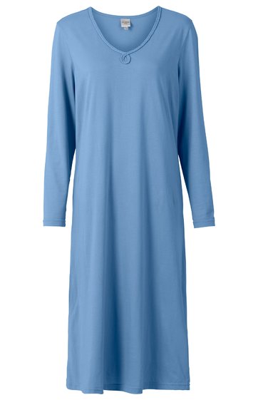 Blaues Nachthemd, einfarbig, rundhalsausschnitt mit kleinem Ringdetail, lange Ärmel, knielang, gerade geschnitten