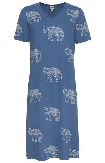 Hellblaues Midikleid mit kurzen Ärmeln, V-Ausschnitt, lockere Form, bedruckt mit weißen Elefantenmustern, gerade geschnitten