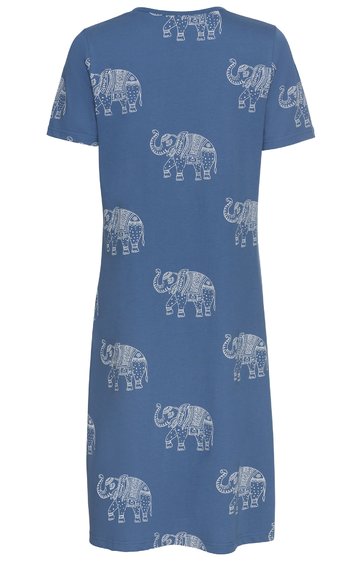 Blaues Midikleid mit weißen Elefanten als Muster, kurzärmelig, gerader Schnitt, Rundhalsausschnitt